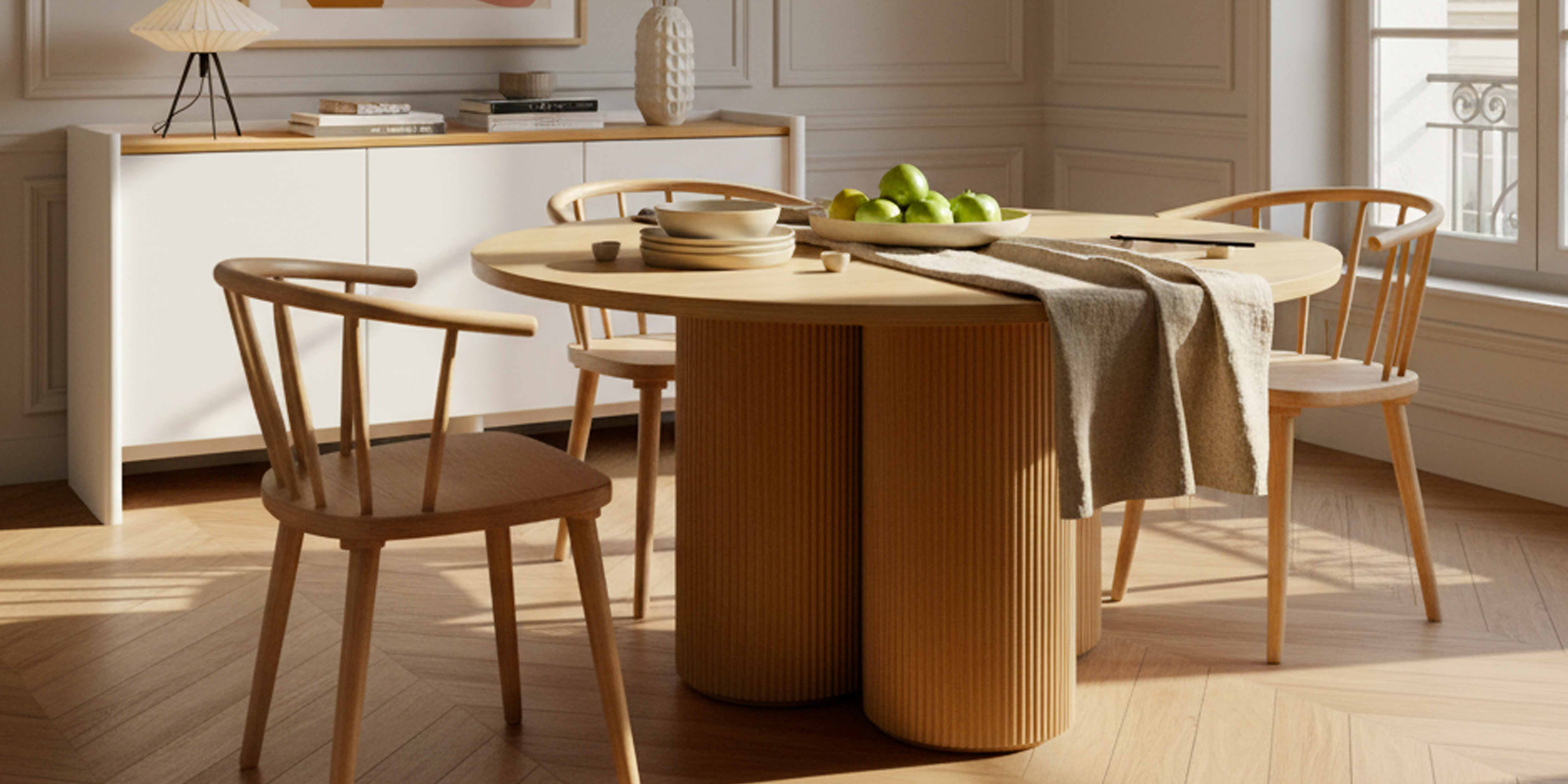 Tavolo da pranzo rotondo effetto legno chiaro per 4 persone